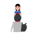 Vector cartoon girl takes out bag garbage