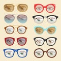 Vector cartoon glasses face eyes cartoon eyeglass frame or sunglasses in shapes and accessories for hipsters fashion