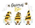 Vector cartoon gnomes wearing a yellow black bee suit holding sweet honey. Isolated on background Royalty Free Stock Photo