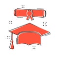 Vector cartoon graduation cap and diploma scroll icon in comic s