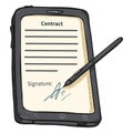 Vector Cartoon Gray Tablet PC with Stilus and Signatured Contract on Display Royalty Free Stock Photo