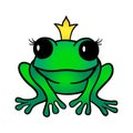 Vector cartoon green princess frog in crown isolated on white background.