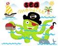 Vector cartoon of green sea monster in pirate accessories with sailboat, island and whale Royalty Free Stock Photo