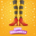 Vector cartoon halloween party poster with women witch legs and vintage ribbon with text happy halloween on orange Royalty Free Stock Photo