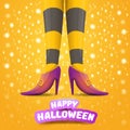 Vector cartoon halloween party poster with women witch legs and vintage ribbon with text happy halloween on orange Royalty Free Stock Photo