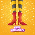 Vector cartoon halloween party poster with women witch legs and vintage ribbon with text happy halloween on orange Royalty Free Stock Photo