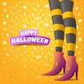 Vector cartoon halloween party poster with women witch legs and vintage ribbon with text happy halloween on orange Royalty Free Stock Photo