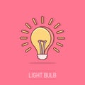 Vector cartoon halogen lightbulb icon in comic style. Light bulb sign illustration pictogram. Idea business splash effect concept