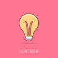 Vector cartoon halogen lightbulb icon in comic style. Light bulb sign illustration pictogram. Idea business splash effect concept