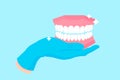 Vector cartoon hand of a dentist in a blue glove that hold a dental demo anatomical model of human jaw and teeth