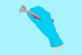 Vector cartoon hand of a dentist in a blue glove that hold a dental instrument: machine for drilling with a cutter