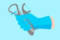 Vector cartoon hand of a dentist in a blue glove that hold a dental instruments: tongue scraper and various floss