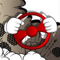 Cartoon hands driving, holding a steering wheel.