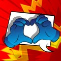 Cartoon hands showing heart shape hand gesture on comic book background.