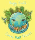 Vector cartoon Happy Earth with trees and animals.