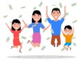 Vector cartoon happy family falling on top money