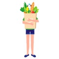 Vector cartoon happy girl or boy holding eco paper grocery bag with fresh healthy organic food Royalty Free Stock Photo