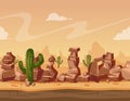 Vector cartoon horizontal seamless landscape with stones and cactus. Game wild background illustration