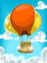 Vector cartoon hot air balloon flying in the blue cloudy sky