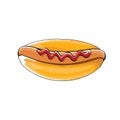 Vector cartoon hotdog icon with sausage isolated on white background. Royalty Free Stock Photo