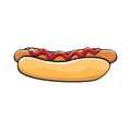 Vector cartoon hotdog icon with sausage isolated on white background. Vintage hot dog label design element. Royalty Free Stock Photo