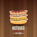 Vector cartoon hotdogs label isolated on wooden table background. Royalty Free Stock Photo