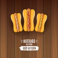 Vector cartoon hotdogs label isolated on wooden table background Royalty Free Stock Photo