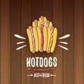 Vector cartoon hotdogs label isolated on wooden table background. Royalty Free Stock Photo