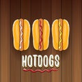 Vector cartoon hotdogs label isolated on wooden table background. Royalty Free Stock Photo