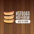 Vector cartoon hotdogs label isolated on wooden table background. Royalty Free Stock Photo