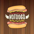 Vector cartoon hotdogs label isolated on wooden table background. Royalty Free Stock Photo