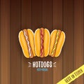 Vector cartoon hotdogs label isolated on wooden table background. Vintage hot dog poster or icon design element Royalty Free Stock Photo