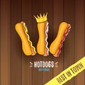 Vector cartoon hotdogs label isolated on wooden table background. Vintage hot dog poster or icon design element Royalty Free Stock Photo