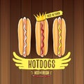 Vector cartoon hotdogs label isolated on wooden table background. Vintage hot dog poster or icon design element Royalty Free Stock Photo