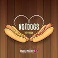 Vector cartoon hotdogs label isolated on wooden table background. Vintage hot dog poster or icon design element Royalty Free Stock Photo