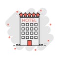 Vector cartoon hotel icon in comic style. Tower sign illustration pictogram. Hotel apartment business splash effect concept