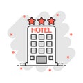 Vector cartoon hotel icon in comic style. Tower sign illustration pictogram. Hotel apartment business splash effect concept