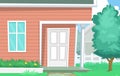 Vector cartoon house yard scene with door window wooden wall and tree