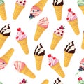 Ice cream cone seamless pattern. Ice cream cone isolated on white background. Ice cream cone background. Seamless background