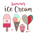 Vector cartoon ice cream set. Cones and cute icecream in doodle style Royalty Free Stock Photo