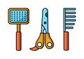 Vector cartoon icons of cat care objects. Isolated brush, comb and clew scissors on white