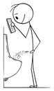 Vector Cartoon Illustration of Addicted Man Using Mobile Phone While Urinating at Public Toilet or Bathroom Royalty Free Stock Photo