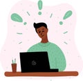 Vector cartoon illustration of african black boy blogging in internet, learn or plying game. Some exclamation mark around her. E-