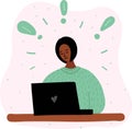 Vector cartoon illustration of african black woman blogging in internet, learn or communication. Some exclamation mark around her