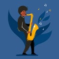 Vector cartoon illustration of african jazz, soul musician with saxophone