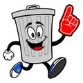 Trash Can Mascot running with a Foam Finger