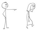 Vector Cartoon Illustration of Angry Man or Boss Expelling Woman, Forcing Her to Leave