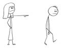 Vector Cartoon Illustration of Angry Woman or Female Boss Expelling Man, Forcing Him to Leave
