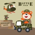 Vector cartoon illustration with animal soldier driving military vehicle. Creative vector childish background for fabric textile