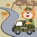 Vector cartoon illustration with animal soldier driving military vehicle. Creative vector childish background for fabric textile